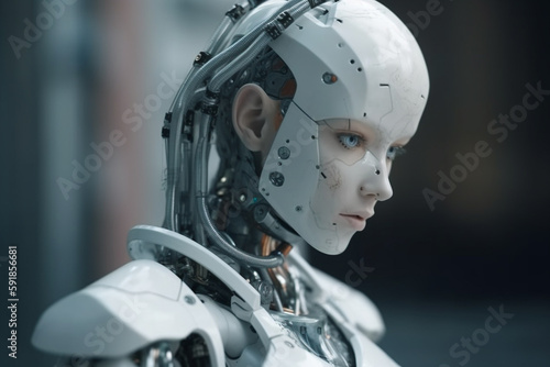 young adult or teenager, robot humanoid android with artificial intelligence. Generative AI © wetzkaz