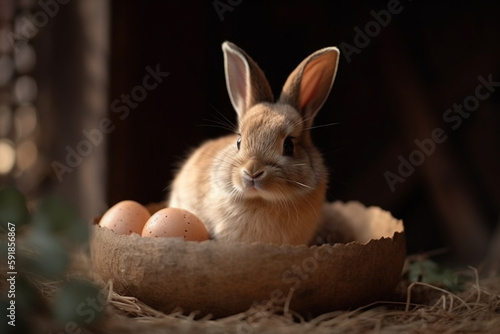 a cute bunny in the easter basket with easter eggs  easter egg of different colors in a nest. Generative AI