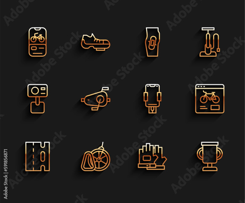 Set line Bicycle lane, parking, rental mobile app, Gloves, Award cup with bicycle, pedals, and Mobile holder icon. Vector