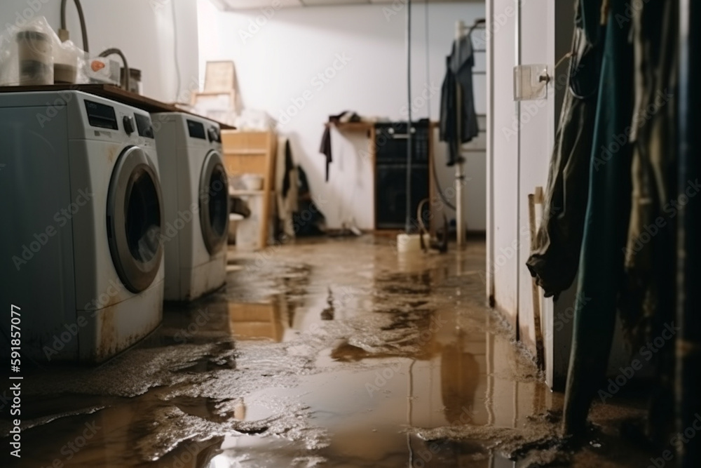 water damage in the basement due to flooding. Generative AI - obrazy, fototapety, plakaty 