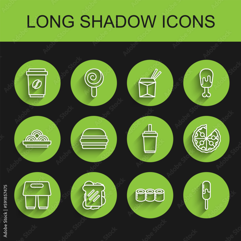 Set line Coffee cup to go, Sandwich, Sushi, Ice cream, Burger, Pizza and Paper glass with straw icon. Vector Set line Coffee cup to go, Sandwich, Sushi, Ice cream, Burger, Pizza and Paper glass with straw icon. Vector