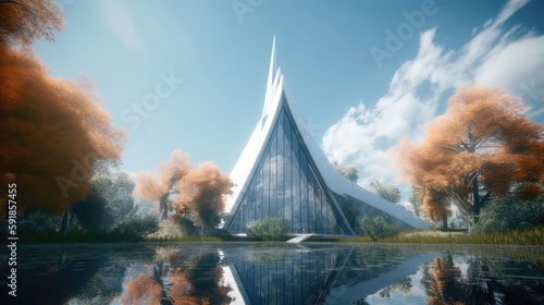 Slim Futuristic Anthroposophic Church Design Amidst Trees and Water, Blue Sky Background. Generative AI Illustration photo