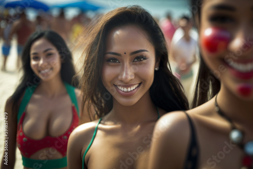 young adult woman on the beach, satisfied with a smile, fictional location. Generative AI