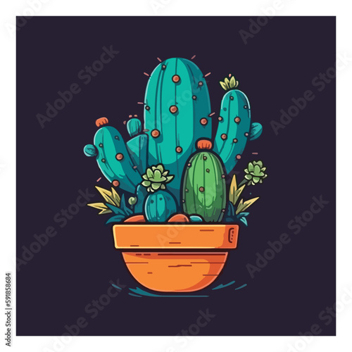 Cactus icons in a flat style . Home plants cactus in pots and with flowers. A variety of decorative cactus with prickles and without.