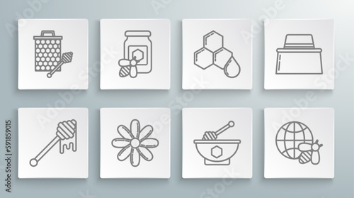Set line Honey dipper stick with dripping honey, Jar of bee, Flower, and bowl, Honeycomb map the world, Beekeeper protect hat and stickicon icon. Vector