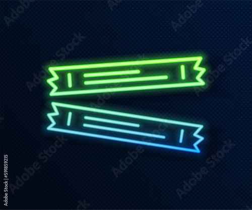 Glowing neon line Sugar stick packets icon isolated on blue background. Blank individual package for bulk food products as coffee, salt, spices. Vector