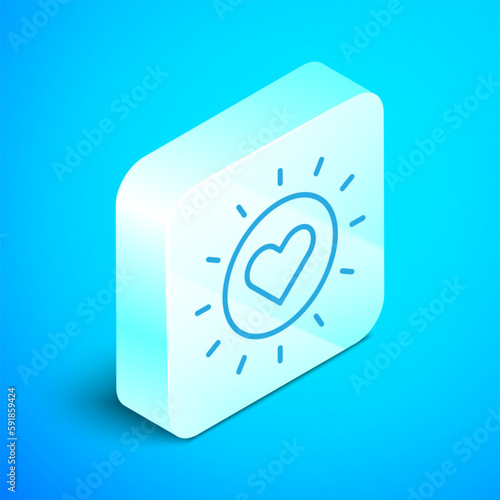 Isometric line Sun icon isolated on blue background. Silver square button. Vector