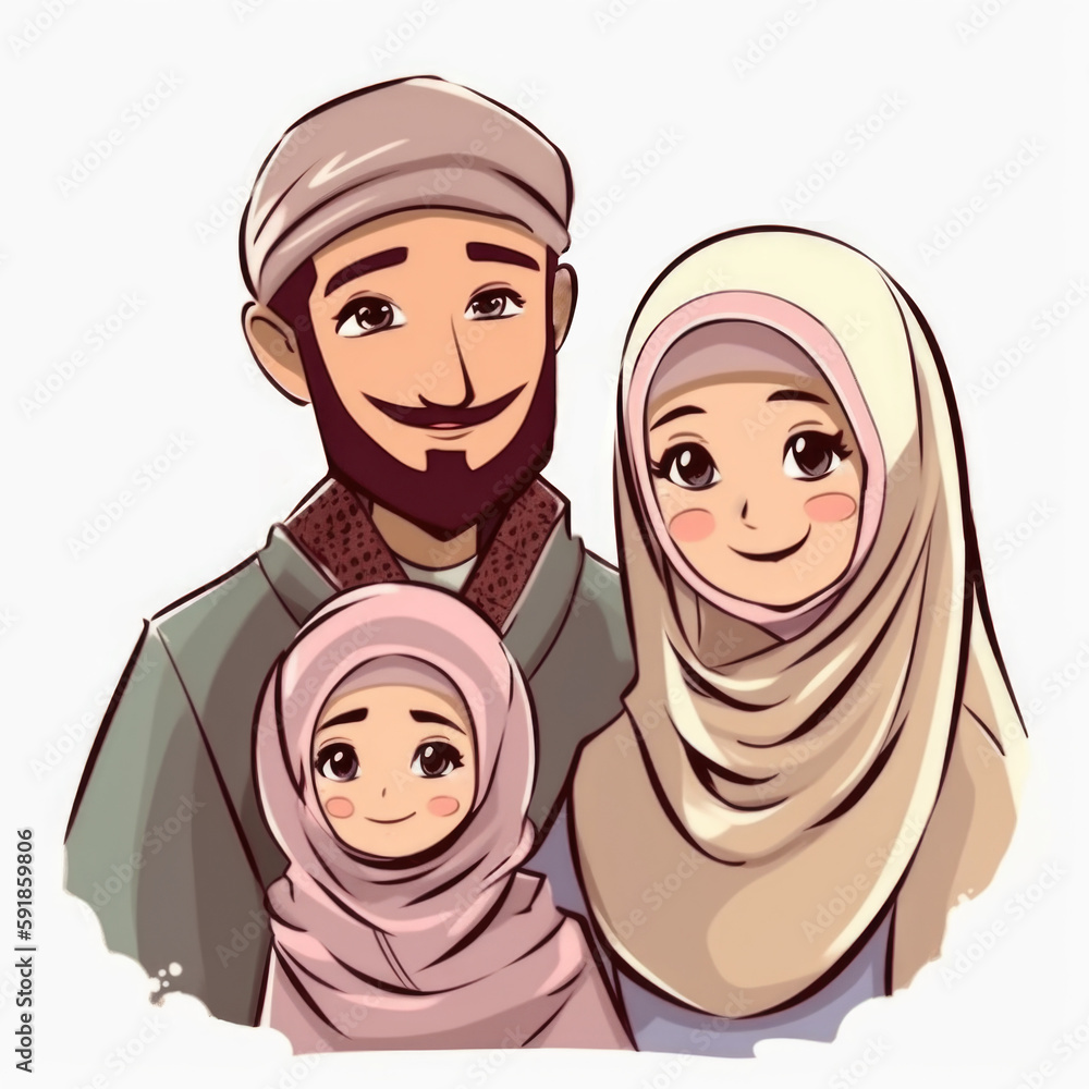 Adorable Cartoon Avatar of Smiley Muslim Family Together, Eid Mubarak Concept. Generative AI