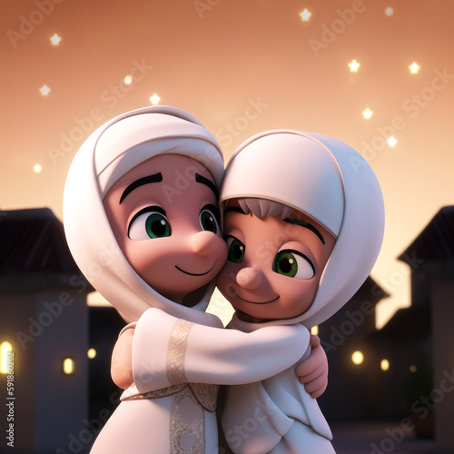Disney Style Cute Muslim Kids Character Hugging and Wishing Each Other, Cityscape Building on Shiny Background. Eid Mubarak Concept, Generative AI.