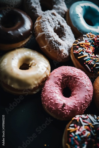 donuts au chocolat et au sucre avec glaçage coloré, beignets, gâteaux gourmand et sucré, illustration culinaire ia générative