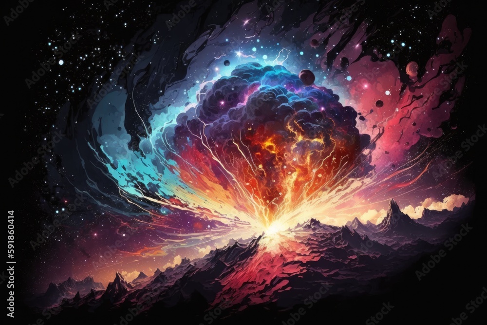 Volcano Erupting into the Depths of Space. Generative AI Volcano Erupting into the Depths of Space. Generative AI