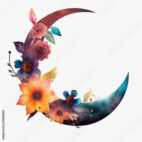Decorative Beautiful Floral Crescent Moon Element  Eid Mubarak Concept. Generative AI.