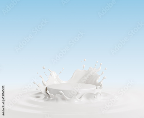 Fotografie Milk splash with white podium, mockup background for milk product display, 3d rendering