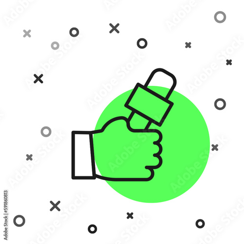 Black line Journalist hand holding microphones performing interview icon isolated on white background. Vector