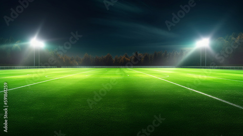 green field stadium with lights at night  generative ai