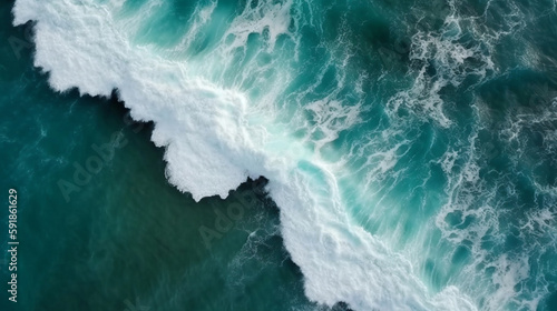 wave breaking on the rocks and view of ocean, generative ai
