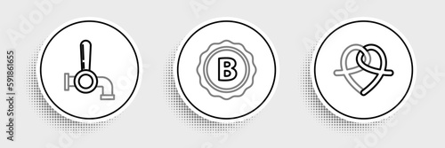 Set line Pretzel, Beer tap and Bottle cap with inscription beer icon. Vector