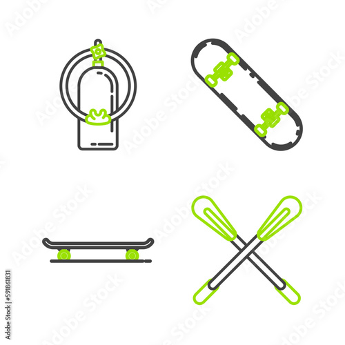 Set line Crossed paddle, Skateboard, trick and Aqualung icon. Vector