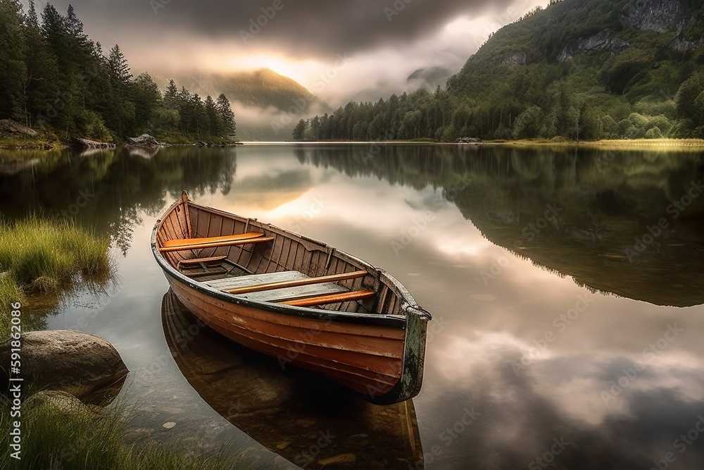Serenity on the Lake: Wooden Boat in a Still Life on a Tranquil Mountain Lake, Generative AI