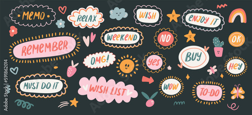 Kawaii Typography stickers for Daily and Weekly Planner. Cute elements with lettering, motivation quote for scheduler or organizer