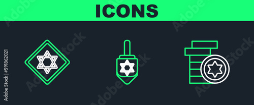 Set line Jewish coin, Star of David and Hanukkah dreidel icon. Vector
