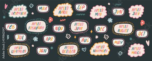 Cute Month of the Year Typography for Monthly and Weekly Planner. Kawaii stickers for scheduler or organizer