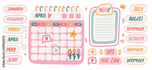 Cute Stickers and Calendar template for Monthly Planner. Kawaii elements of Month of the Year Typography. Blank paper notes, to-do list for schedule or organizer