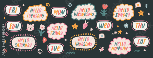 Cute Days of the Week Typography for Daily and Weekly Planner. Kawaii stickers for scheduler or organizer