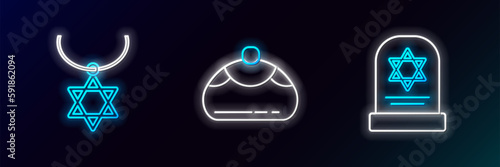 Set line Tombstone with star of david, Star David necklace chain and Jewish sweet bakery icon. Glowing neon. Vector