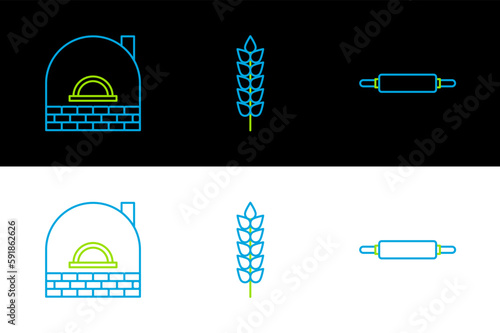 Set line Rolling pin, Brick stove and Cereals with rice, wheat, corn, oats, rye icon. Vector