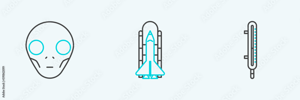 Set line Meteorology thermometer measuring, Extraterrestrial alien face and Space shuttle and rockets icon. Vector