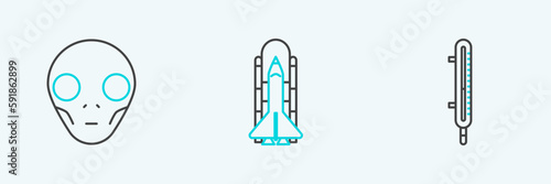 Set line Meteorology thermometer measuring, Extraterrestrial alien face and Space shuttle and rockets icon. Vector © Oksana