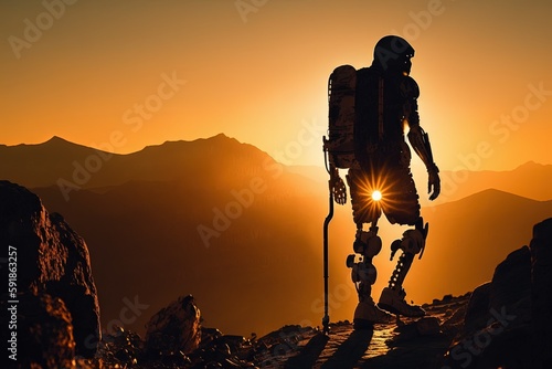 silhouette of prosthesist climber on a clif at sunset. Active people with disabilities. illustration generative ai photo