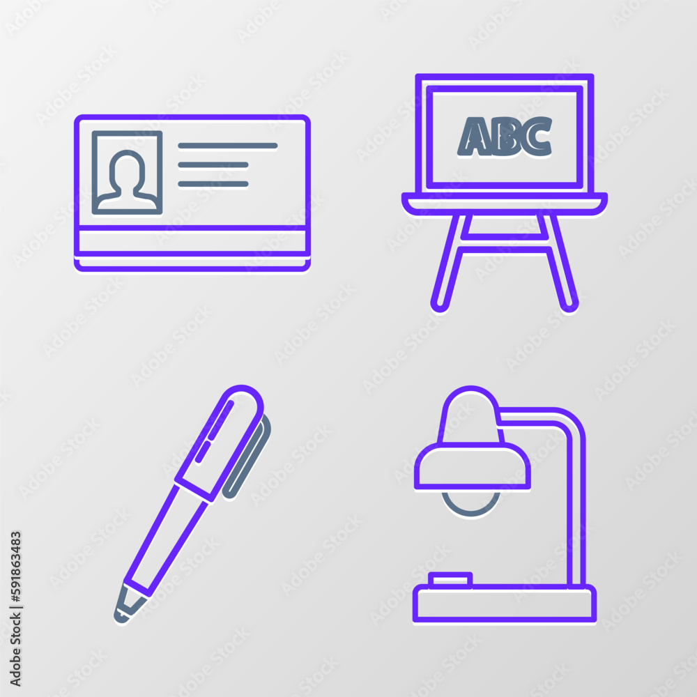 Set line Table lamp, Pen, Chalkboard and Identification badge icon. Vector Set line Table lamp, Pen, Chalkboard and Identification badge icon. Vector