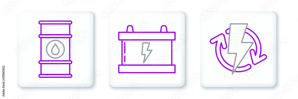 Set line Recharging, Oil barrel line and Car battery icon. Vector Set line Recharging, Oil barrel line and Car battery icon. Vector