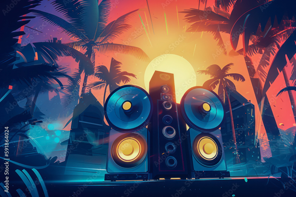 Ultra wide angle view of massive modern party speakers at a hot summer vacation dance party, surrounded by palm trees during sunset - perfect for club, live music, and dance events. Generative AI - obrazy, fototapety, plakaty 