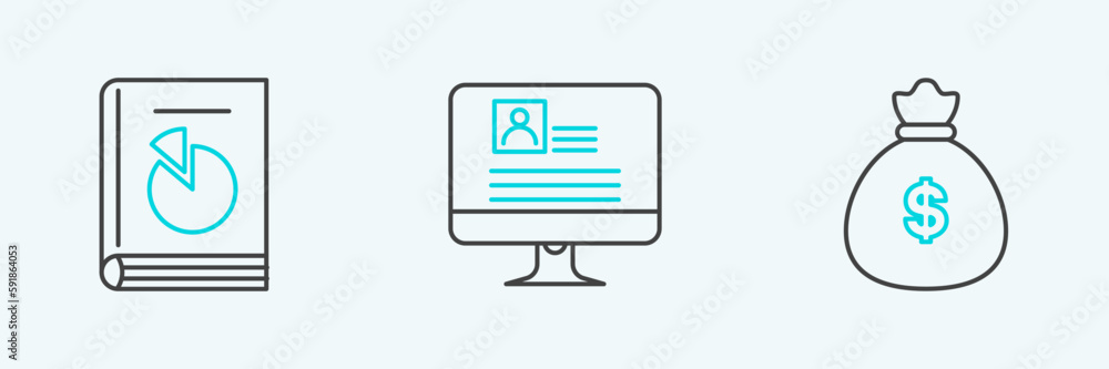 Set line Money bag, User manual and Computer monitor with resume icon. Vector Set line Money bag, User manual and Computer monitor with resume icon. Vector
