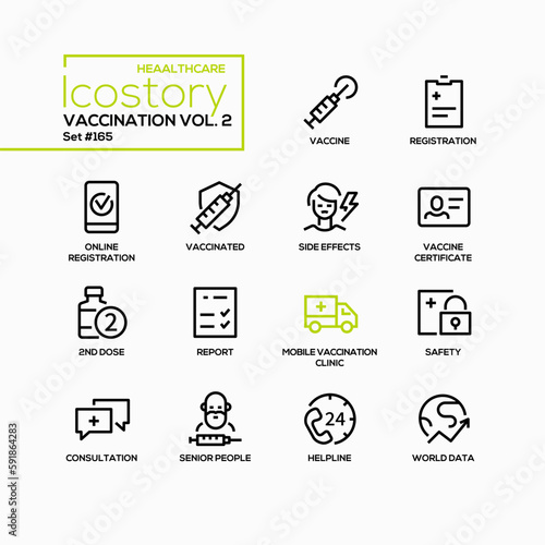 Vaccination and health care - line design style icons set