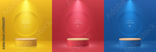 Set of 3D background with yellow, dark blue and red realistic cylinder pedestal podium. Circle texture wall scene. Minimal mockup empty product display. Abstract vector 3D render. Stage for showcase.