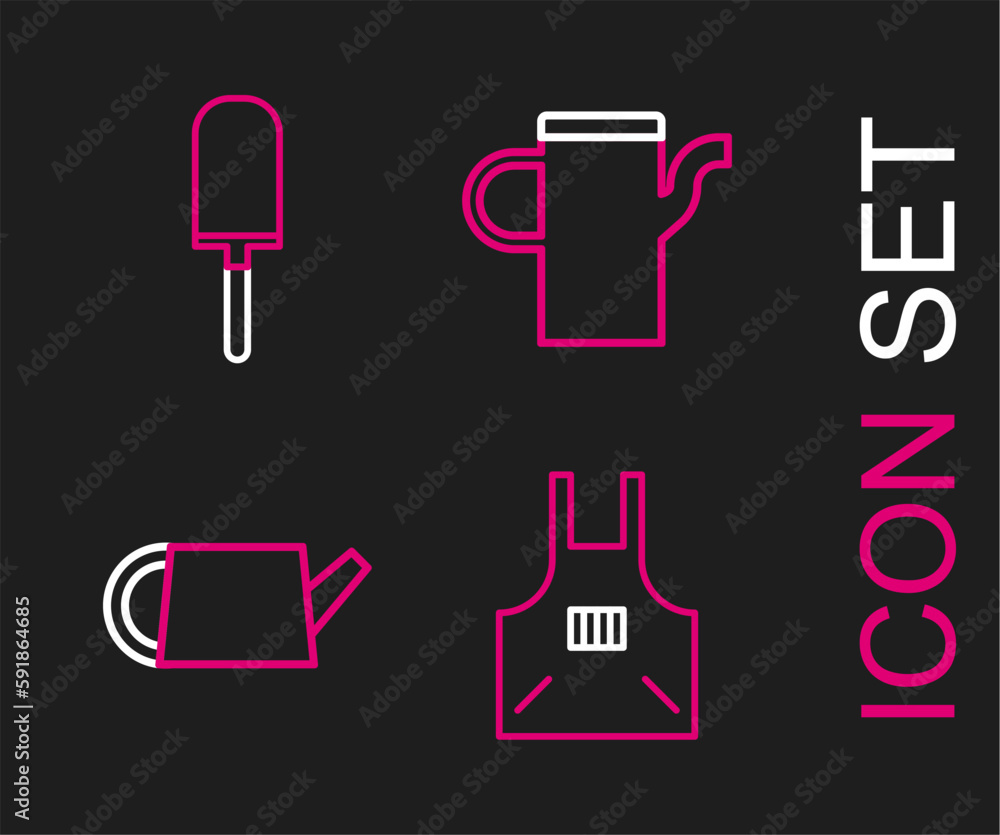 Set line Kitchen apron, Watering can, and Garden trowel spade or shovel icon. Vector Set line Kitchen apron, Watering can, and Garden trowel spade or shovel icon. Vector