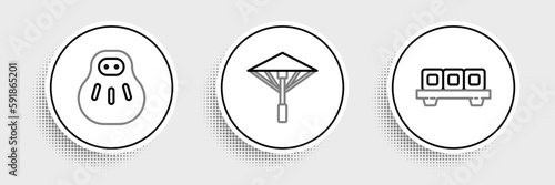 Set line Sushi on cutting board, Maneki neko cat and Japanese umbrella from the sun icon. Vector