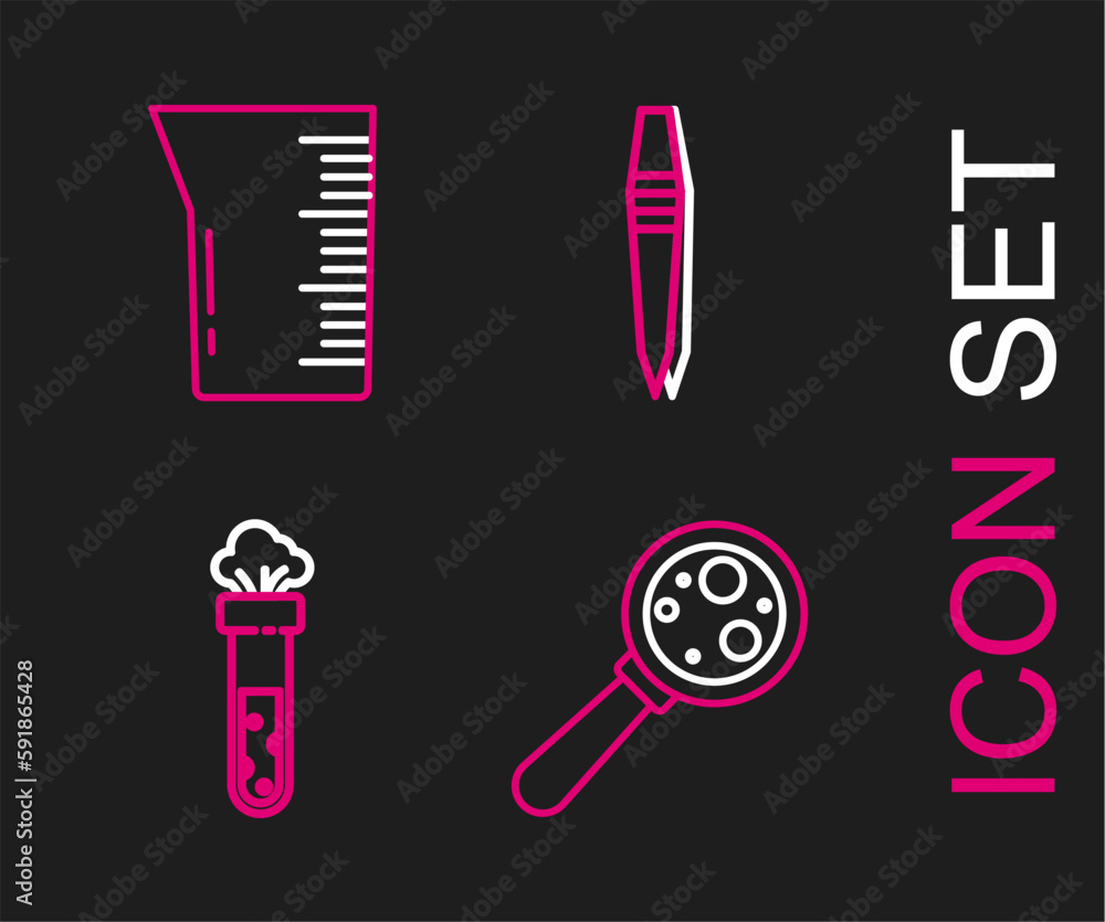 Set line Microorganisms under magnifier, Test tube and flask chemical, Tweezers and Laboratory glassware beaker icon. Vector Set line Microorganisms under magnifier, Test tube and flask chemical, Tweezers and Laboratory glassware beaker icon. Vector