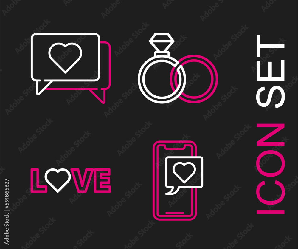 Set line Smartphone with heart speech bubble, Love text, Wedding rings and Like and icon. Vector Set line Smartphone with heart speech bubble, Love text, Wedding rings and Like and icon. Vector