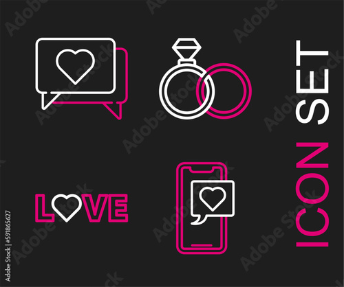 Set line Smartphone with heart speech bubble  Love text  Wedding rings and Like and icon. Vector