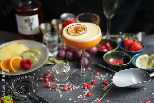 Porn Star Martini with Passion Fruit: Exotic Cocktail, Vibrant Flavors, Vanilla Vodka, Playful Drink, Sophisticated Taste, Nightlife Essential, Elegant Glass