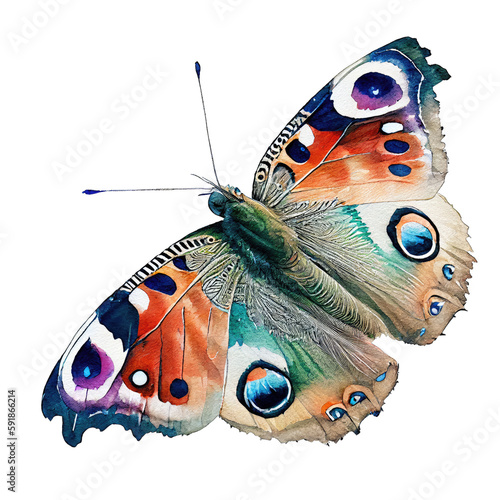 European peacock  buterfly. Watercolor with transparent background. Generative AI
