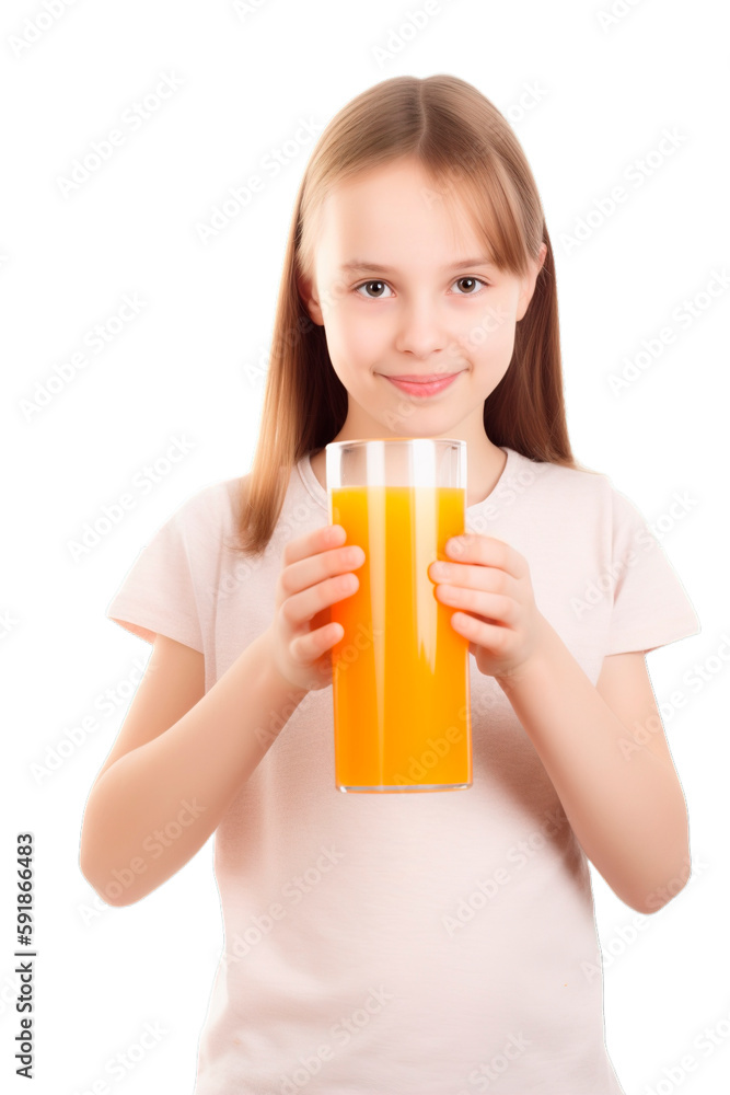 Cute cheerful girl in pink tee shirt holding a glass of orange juice isolated on transparent background Cute cheerful girl in pink tee shirt holding a glass of orange juice isolated on transparent background