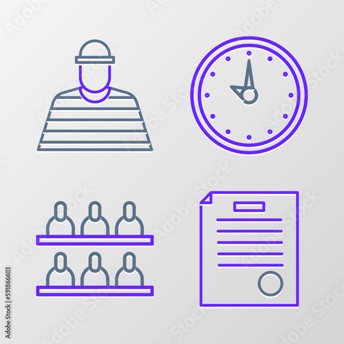 Set line The arrest warrant, Jurors, Clock and Prisoner icon. Vector
