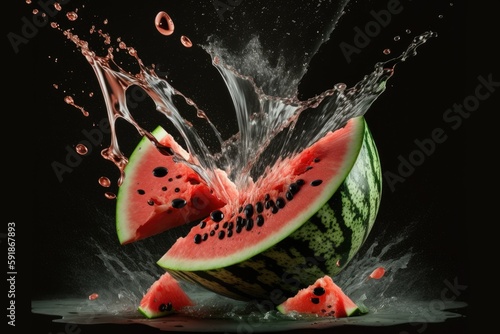 Watermelon with splashes of water on a black background, isolated