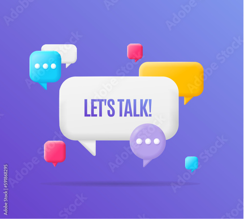 3d Lets Talk Banner Plasticine Cartoon Style with Different Speech Bubbles . Vector illustration of Dialog Concept